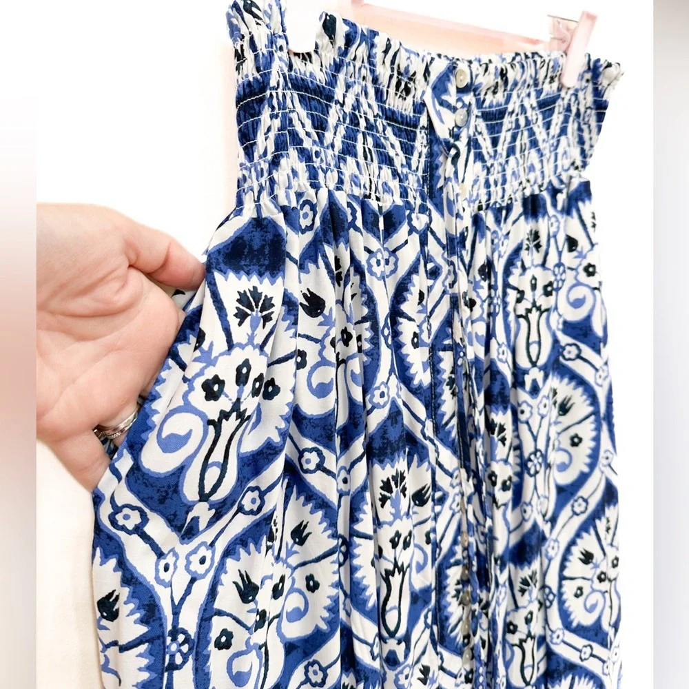 Haute Hippie Blue White Boho Maxi Skirt with Front Slit and Buttons Ties Tassels